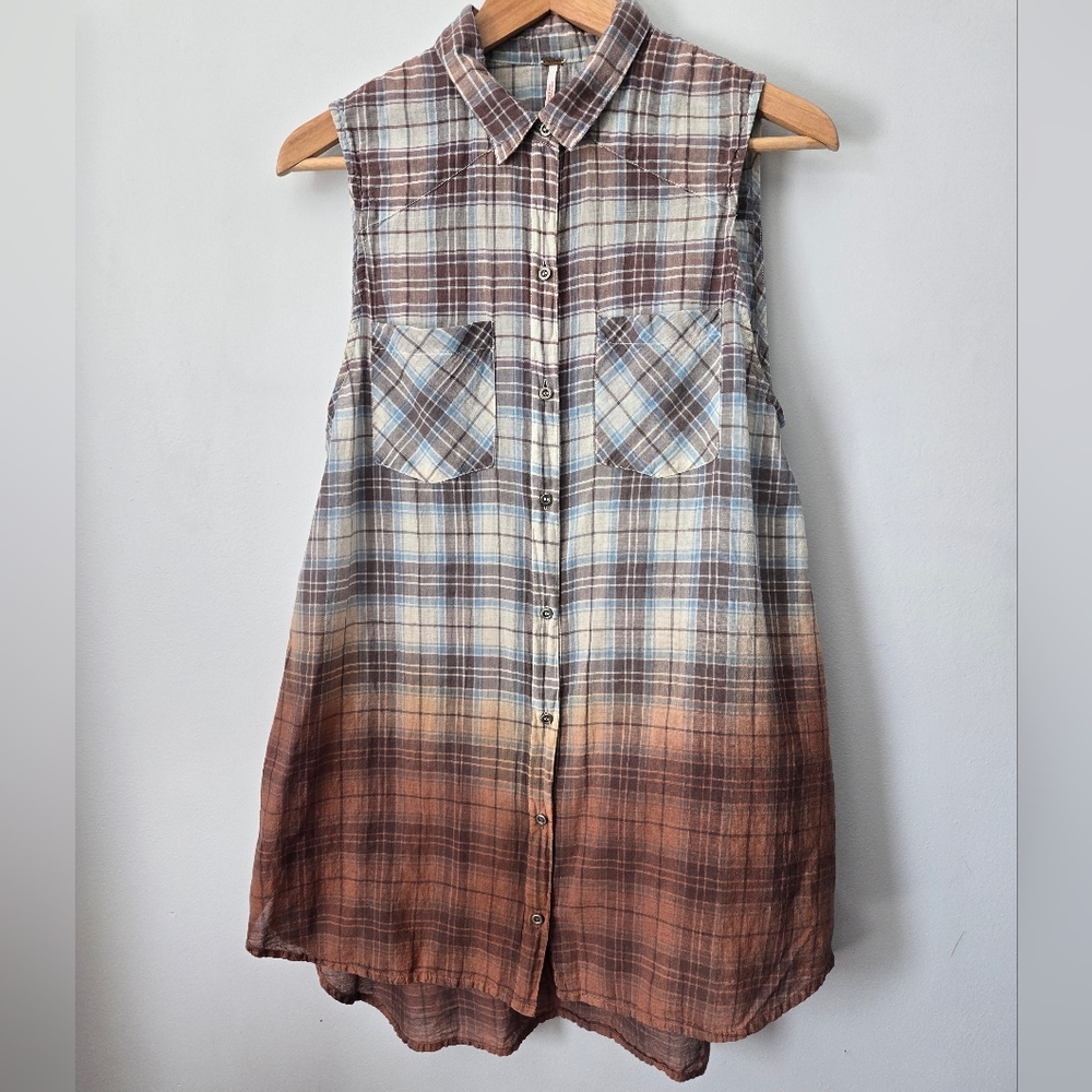 FREE PEOPLE Plaid Sleeveless Button-Up Lightweight Cotton Shirt